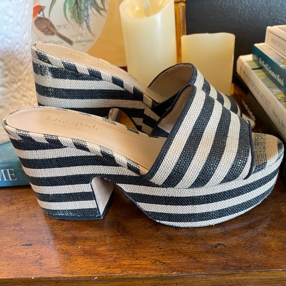Kate Spade New York Ibiza Platform Sandals Black White Stripe - Picture 14 of 14